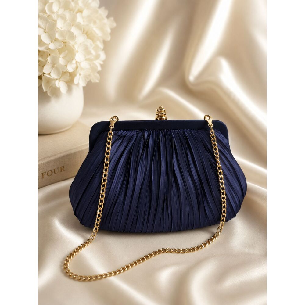 Vintage Sasha Navy Pleated Evening Bag Gold Chain 90s Minimalist Formal Purse